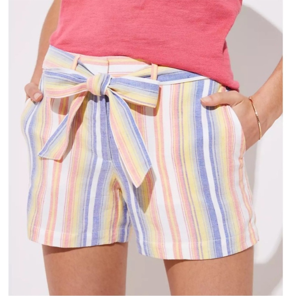LOFT Linen Blend Striped Tie Waist Shorts Women’s Size 4 Summer Casual